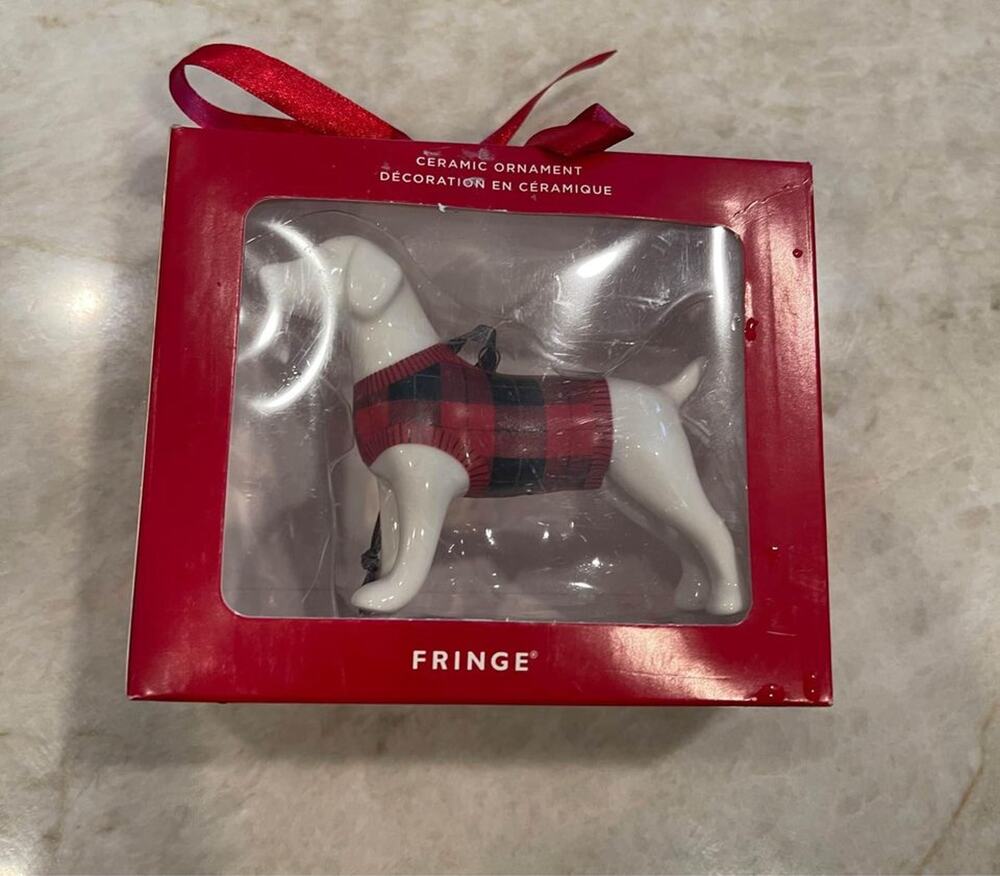 Fringe Dog with plaid sweater christmas ornament new in box